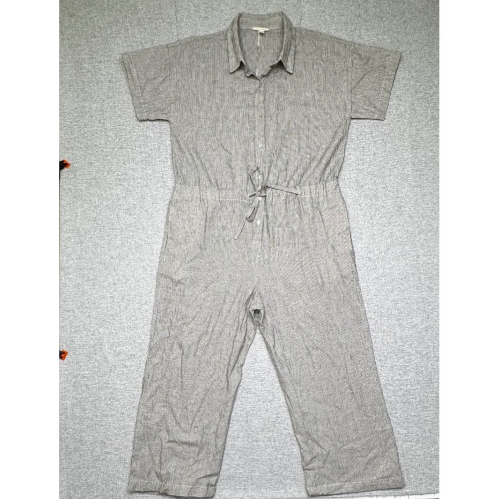 Eileen Fisher Grey Striped Linen Blend Drawstring Waist Jumpsuit Womens sz S